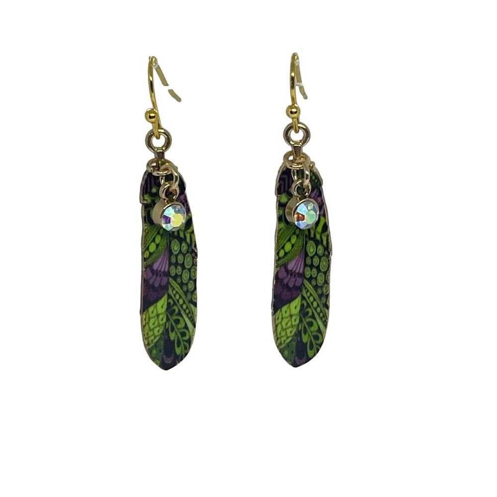 Green Feather Crystal Dangle - Gold Tone Enamel Charms - Hypoallergenic